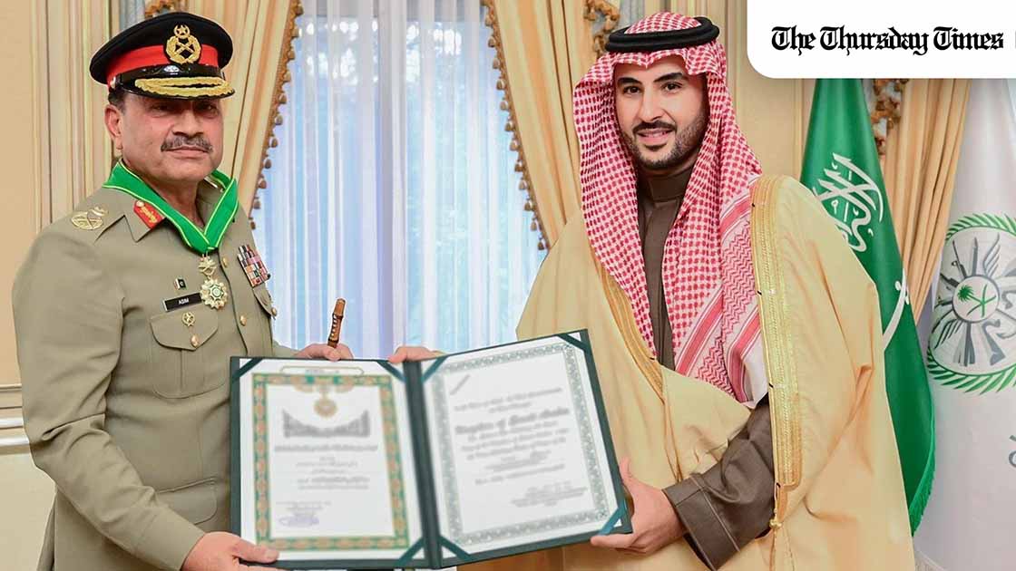 Saudi Arabia has awarded Pakistan’s army chief Asim Munir the King Abdulaziz Medal during talks in Riyadh as both states highlight deepening defence cooperation. — FILE/SPA