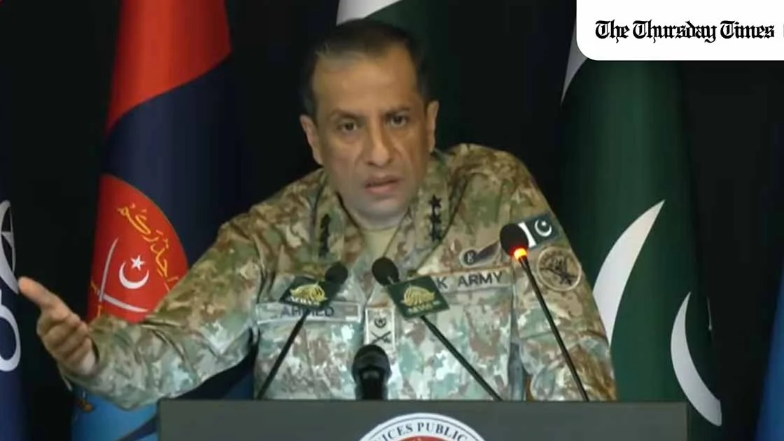 A file photo is shown of incumbent Director-General for the ISPR, Major General Ahmed Sharif Chaudhry, addressing a press conference. — FILE/THE THURSDAY TIMES