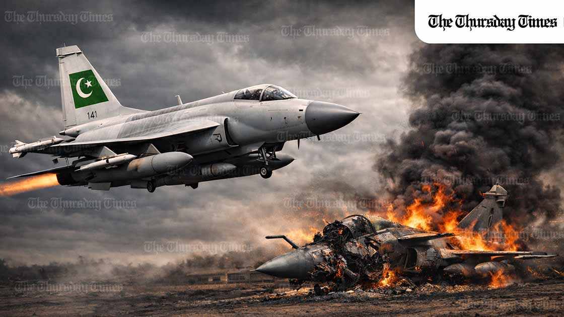 Pakistan’s JF-17 Thunder fighter jet is gaining global traction after proving its combat capability in the May conflict with India, offering a low-cost alternative to Rafale and F-35 jets. — FILE/THE THURSDAY TIMES
