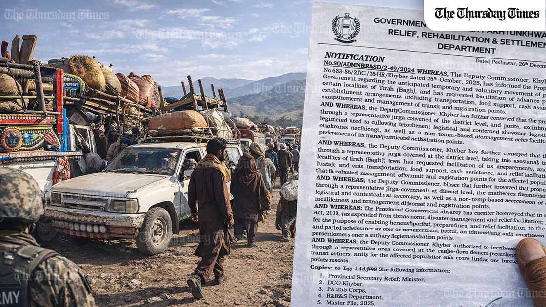 An official KP government letter has revealed that the Tirah Valley displacement was a voluntary civilian-led decision agreed through jirgas, contradicting claims of a military operation and raising questions over Rs 4 billion in relief funds. — FILE/THE THURSDAY TIMES