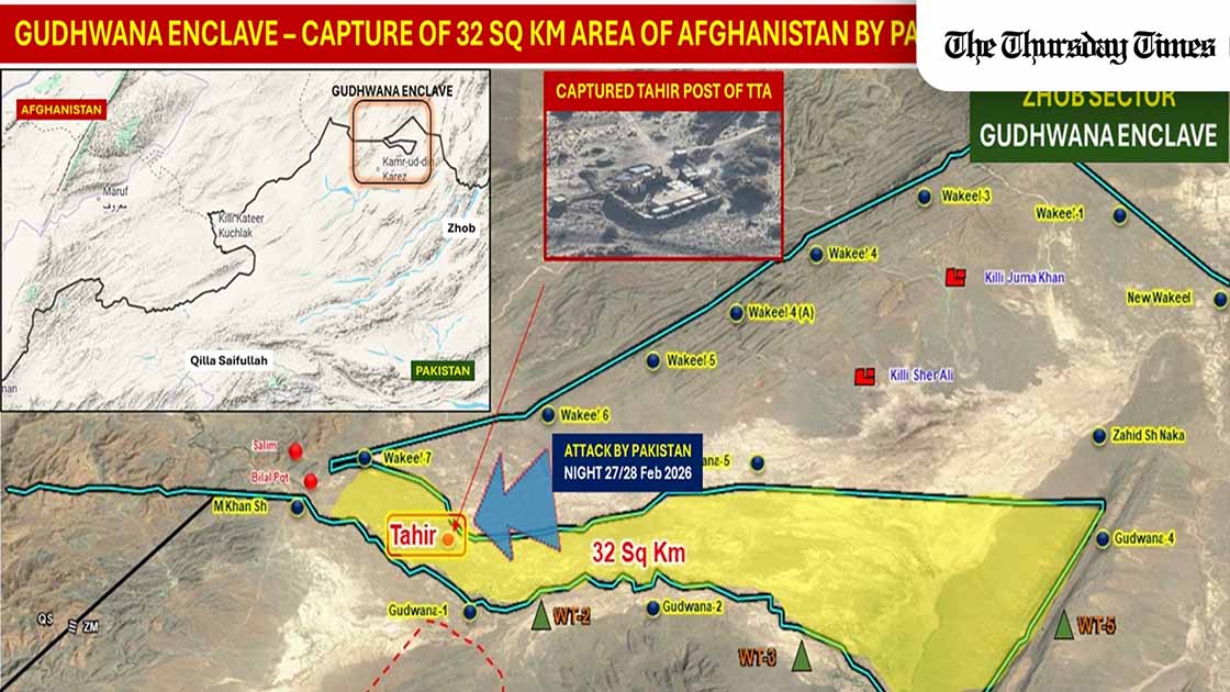 Pakistani security sources say forces in the Zhob sector took control of the 32 sq km “Ghudwana Enclave” after alleged Afghan Taliban raids and unprovoked firing on Pakistani positions, triggering what was described as a hard, decisive response and heightened border alert. — FILE / THE THURSDAY TIMES