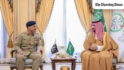 Saudi Defence Minister Prince Khalid bin Salman met Pakistan’s army chief Field Marshal Asim Munir in Riyadh during the World Defence Show to reaffirm strategic defence ties and discuss shared interests in peace, security and bilateral cooperation. — FILE