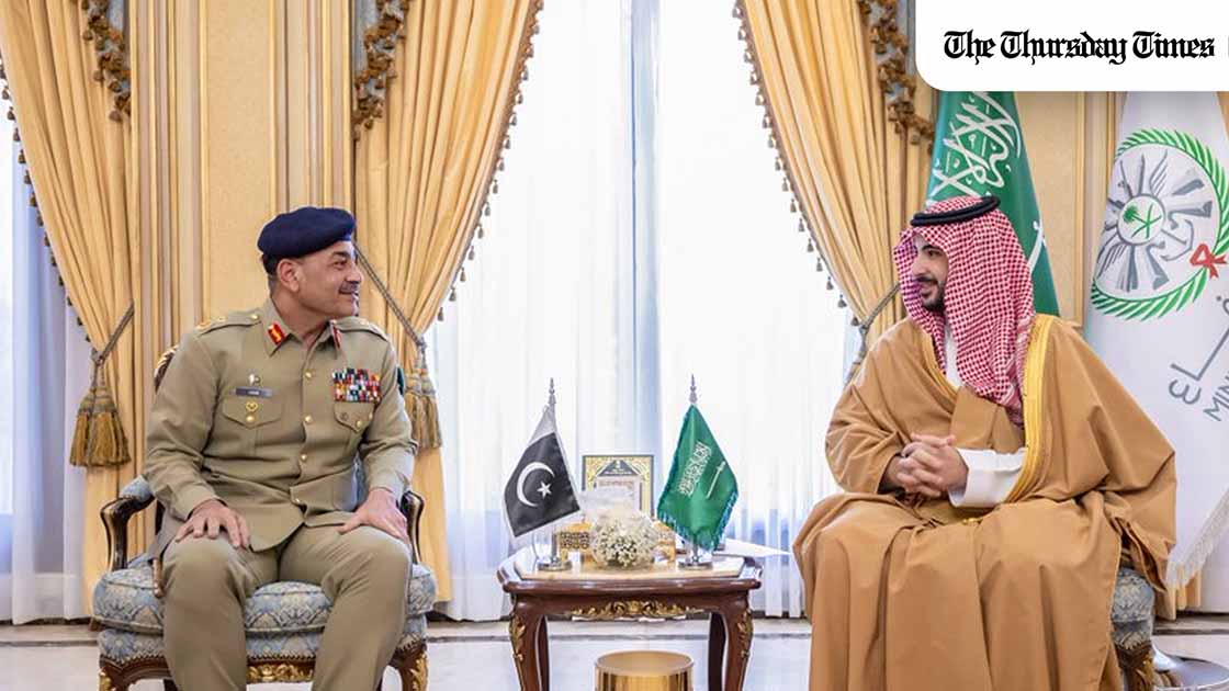 Saudi Defence Minister Prince Khalid bin Salman met Pakistan’s army chief Field Marshal Asim Munir in Riyadh during the World Defence Show to reaffirm strategic defence ties and discuss shared interests in peace, security and bilateral cooperation. — FILE