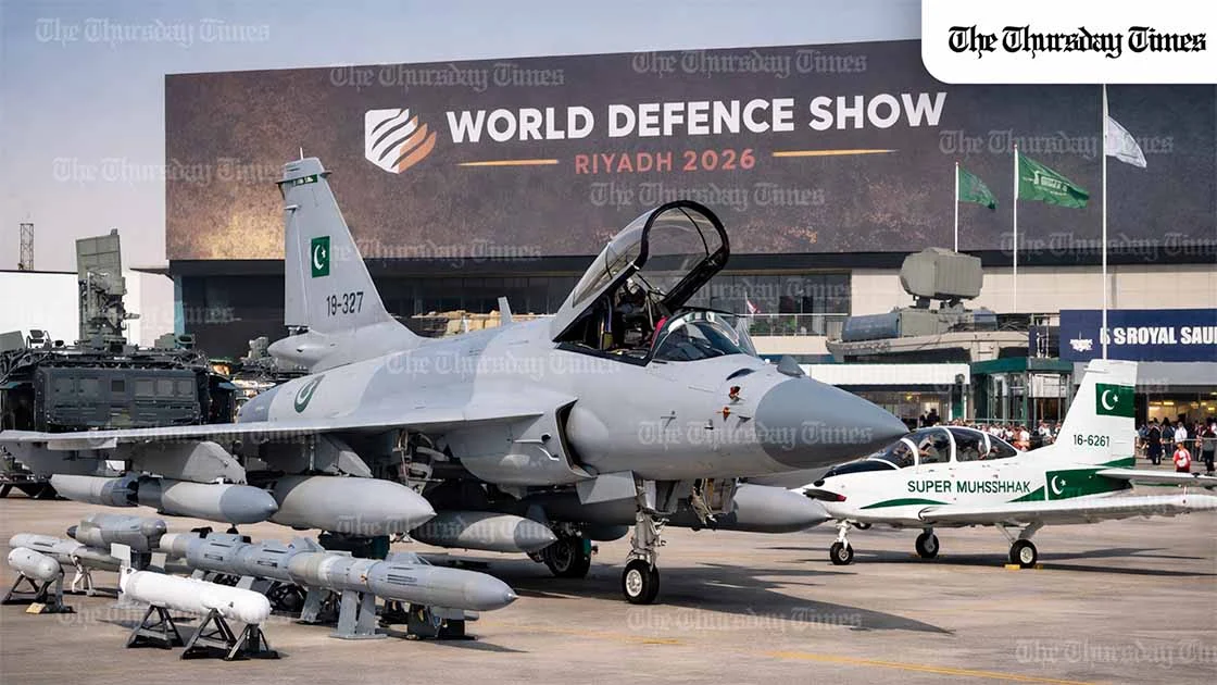 Pakistan’s showcase at World Defence Show 2026 in Riyadh uses the JF-17 Block III and Super Mushshak to project Pakistan’s aerospace capability as an export-ready, partnership-driven defence offer rather than a ceremonial appearance. — FILE/THE THURSDAY TIMES
