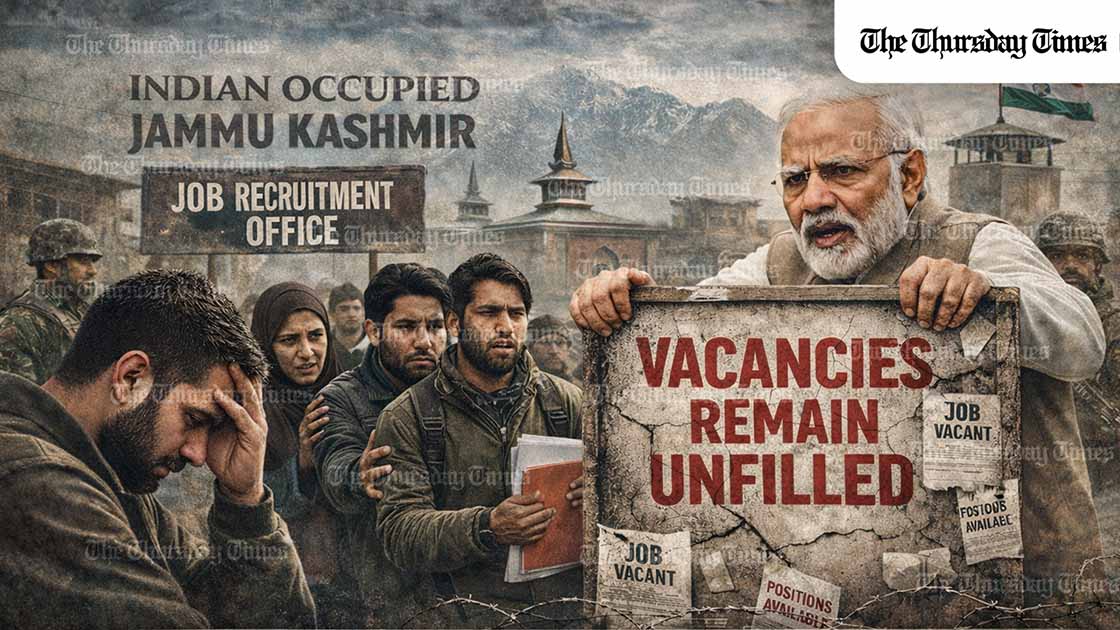 Official records from Indian Occupied Jammu and Kashmir show over 357,000 educated youth unemployed while tens of thousands of sanctioned posts remain unfilled, suggesting a structural hiring freeze that challenges India’s post-2019 constitutional changes and development claims. — FILE/THE THURSDAY TIMES