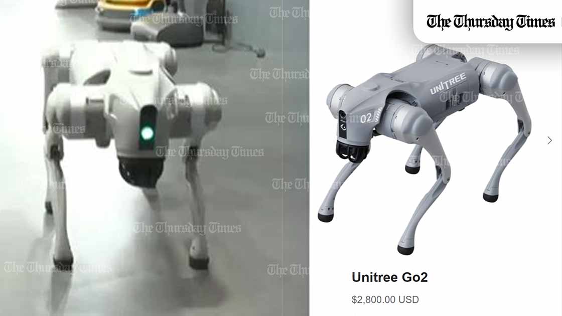 A split-screen comparison shows a robot dog displayed at India’s AI summit and an online listing for the Unitree Go2, amid online claims the robot dog was the same model. FILE/The Thursday Times