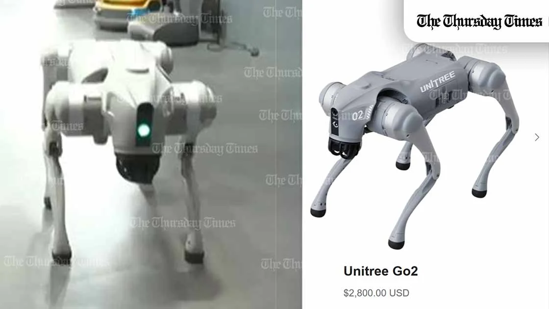 A split-screen comparison shows a robot dog displayed at India’s AI summit and an online listing for the Unitree Go2, amid online claims the robot dog was the same model. FILE/The Thursday Times