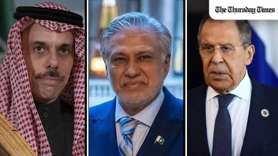 Prince Faisal bin Farhan holds separate calls with Sergei Lavrov and Ishaq Dar as Riyadh emphasises consultation, coordination and regional stability. — COLLAGE/THE THURSDAY TIMES