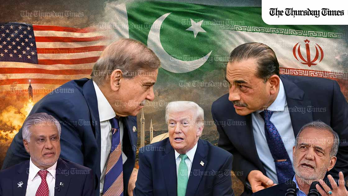 Pakistan is intensifying quiet diplomacy with Washington, Tehran and Gulf capitals in an effort to prevent the US-Israel-Iran conflict from spiralling further and to position Islamabad as a possible venue for peace talks. — COLLAGE/THE THURSDAY TIMES