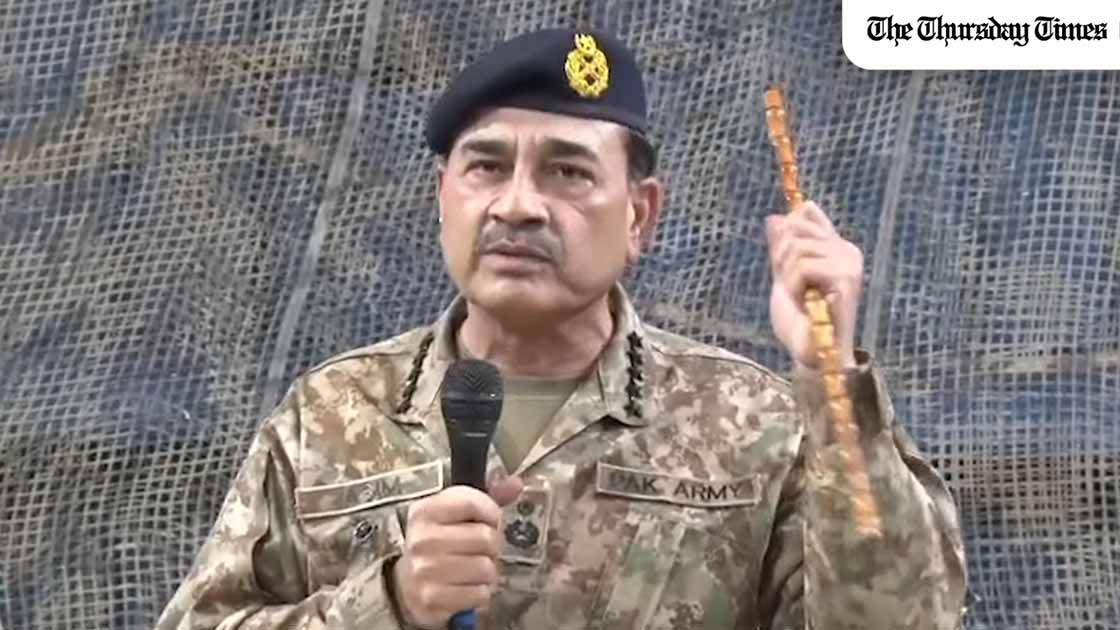 Field Marshal Asim Munir visited Wana to review western border readiness, was briefed on IBOs and border management, and said Pakistan will eliminate threats and will not accept Afghan soil being used for terrorism. — FILE / THE THURSDAY TIMES