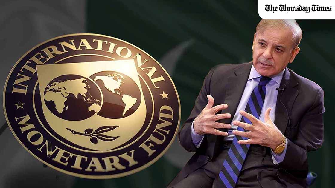 IMF emblem in Washington DC alongside Pakistani Prime Minister Shehbaz Sharif as the IMF board described Pakistan's economic performance as exceptional. — MONTAGE/THE THURSDAY TIMES