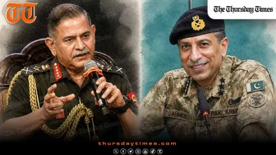 ISPR rebuttal to Indian Army Chief: General Upendra Dwivedi, left, and Pakistan's Director General ISPR Lieutenant General Ahmed Sharif Chaudhry, right, following Dwivedi's 'geography or history' remark. — MICHAEL MCCALL FOR THE THURSDAY TIMES