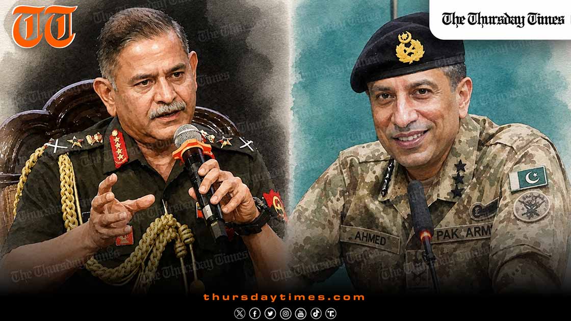 ISPR rebuttal to Indian Army Chief: General Upendra Dwivedi, left, and Pakistan's Director General ISPR Lieutenant General Ahmed Sharif Chaudhry, right, following Dwivedi's 'geography or history' remark. — MICHAEL MCCALL FOR THE THURSDAY TIMES