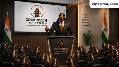 A suited figure with a cockroach head addresses an audience of cockroaches in a formal conference room displaying the Cockroach Janta Party logo and Indian flags, illustrating the satirical Indian political movement founded in May 2026. — FILE
