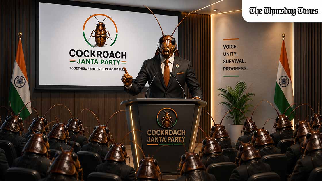 A suited figure with a cockroach head addresses an audience of cockroaches in a formal conference room displaying the Cockroach Janta Party logo and Indian flags, illustrating the satirical Indian political movement founded in May 2026. — FILE