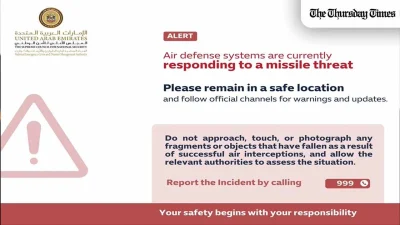 UAE air defence systems responded to incoming aerial threats after authorities issued emergency alerts across the country. — FILE/NCEMA UAE