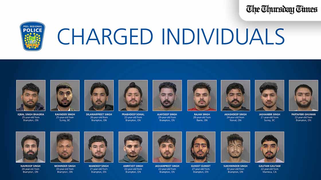 17 individuals, majority of Indian origin, arrested in Canada as police dismantle the For Brothers extortion network targeting South Asian businesses. 106 charges. Indian crime syndicate links confirmed by FINTRAC. — FILE/PEEL REGIONAL POLICE