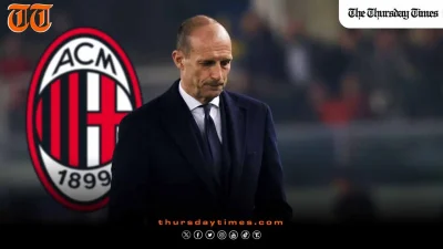 Massimiliano Allegri pictured beside the AC Milan crest in a dark sports news graphic, reflecting RedBird’s leadership reset after the club described the season as an “unequivocal failure”. — FILE