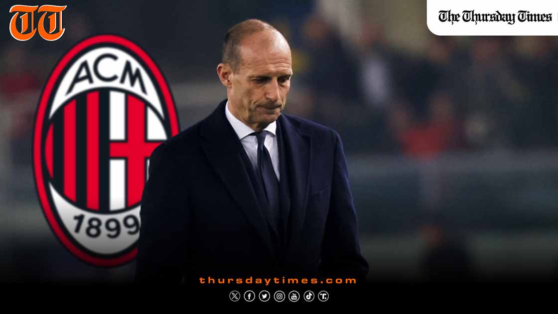 Massimiliano Allegri pictured beside the AC Milan crest in a dark sports news graphic, reflecting RedBird’s leadership reset after the club described the season as an “unequivocal failure”. — FILE