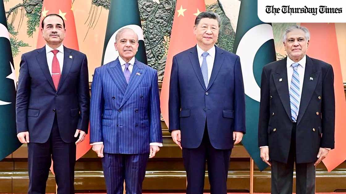 Field Marshal Asim Munir, Prime Minister Shehbaz Sharif, President Xi Jinping and Deputy Prime Minister Ishaq Dar in Beijing. — FILE