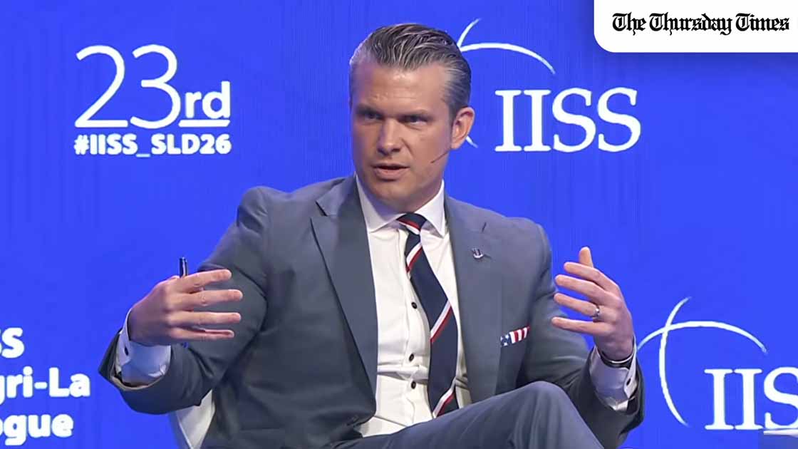 US Defence Secretary Pete Hegseth speaking at the 23rd IISS Shangri-La Dialogue in May 2026 where he described Pakistan's mediation role as an unexpected development and said a true friendship is growing between Washington and Islamabad. — FILE