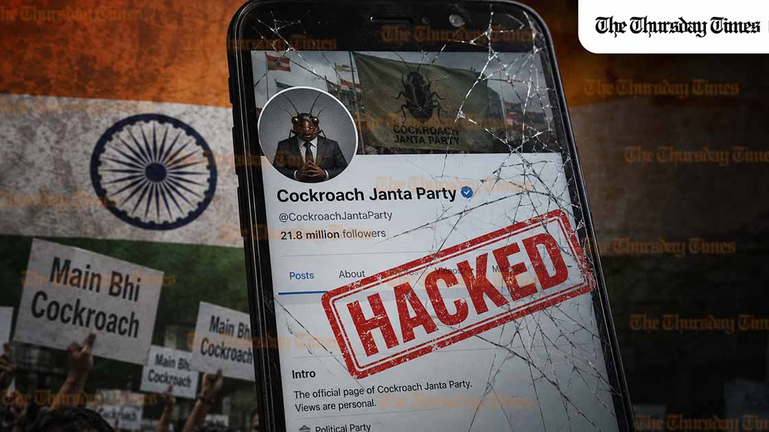 An illustration showing the Cockroach Janta Party social media profile with 21.8 million followers marked as hacked on a cracked smartphone screen with Indian tricolour background representing the crackdown on CJP in India on 23 May 2026. — FILE/THE THURSDAY TIMES