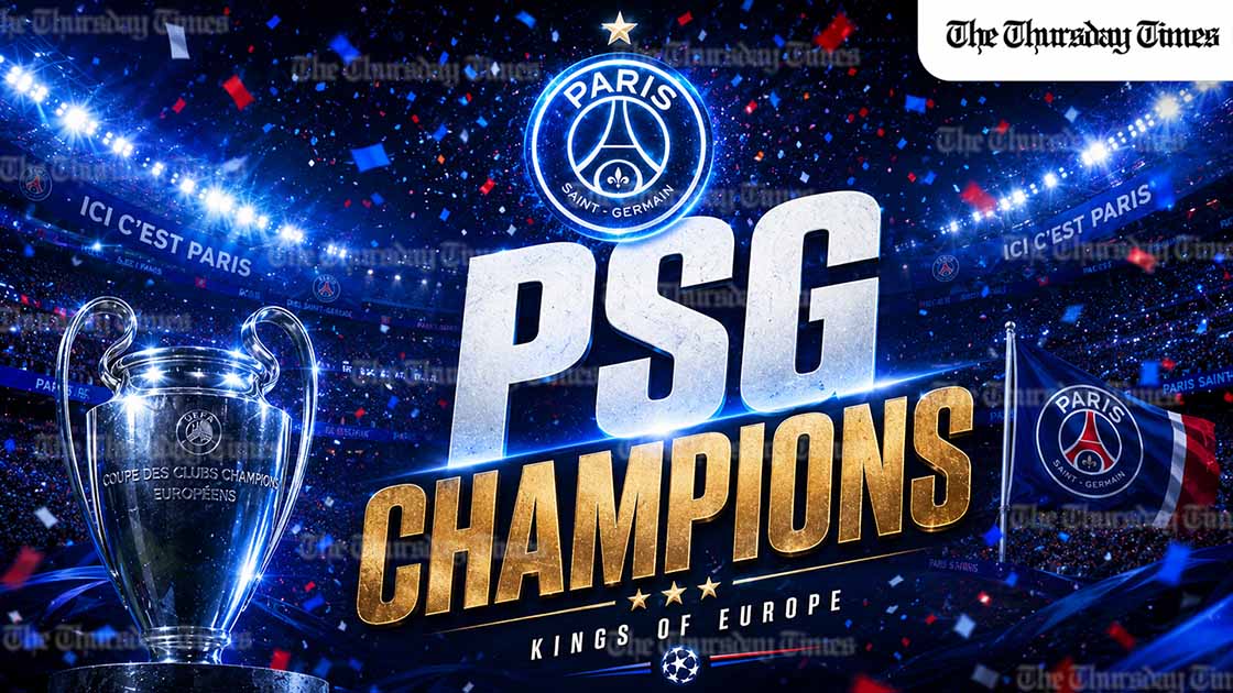 Paris Saint-Germain celebrate winning the 2026 UEFA Champions League title after defeating Arsenal 4-3 on penalties in Budapest. — FILE/THE THURSDAY TIMES