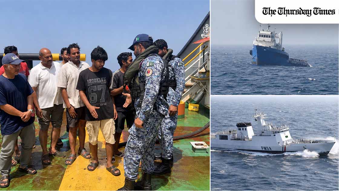 Pakistan Navy provided humanitarian assistance to the stranded crew of Indian vessel MV Gautam in the Arabian Sea after a distress request from Mumbai, supplying food, medical aid and technical support to six Indian nationals and one Indonesian national. — MONTAGE/THE THURSDAY TIMES