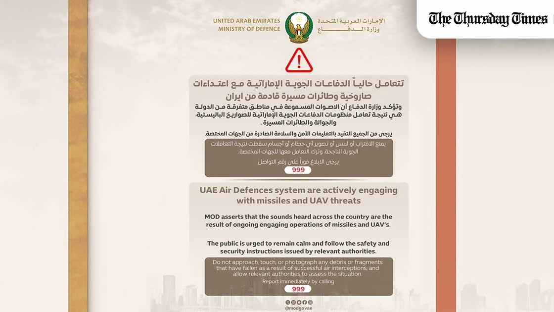 Official UAE Ministry of Defence public safety alert stating that air defence systems are engaging incoming missile and drone threats, with instructions for residents to remain calm, follow safety guidance, and avoid debris. — FILE/MOD UAE