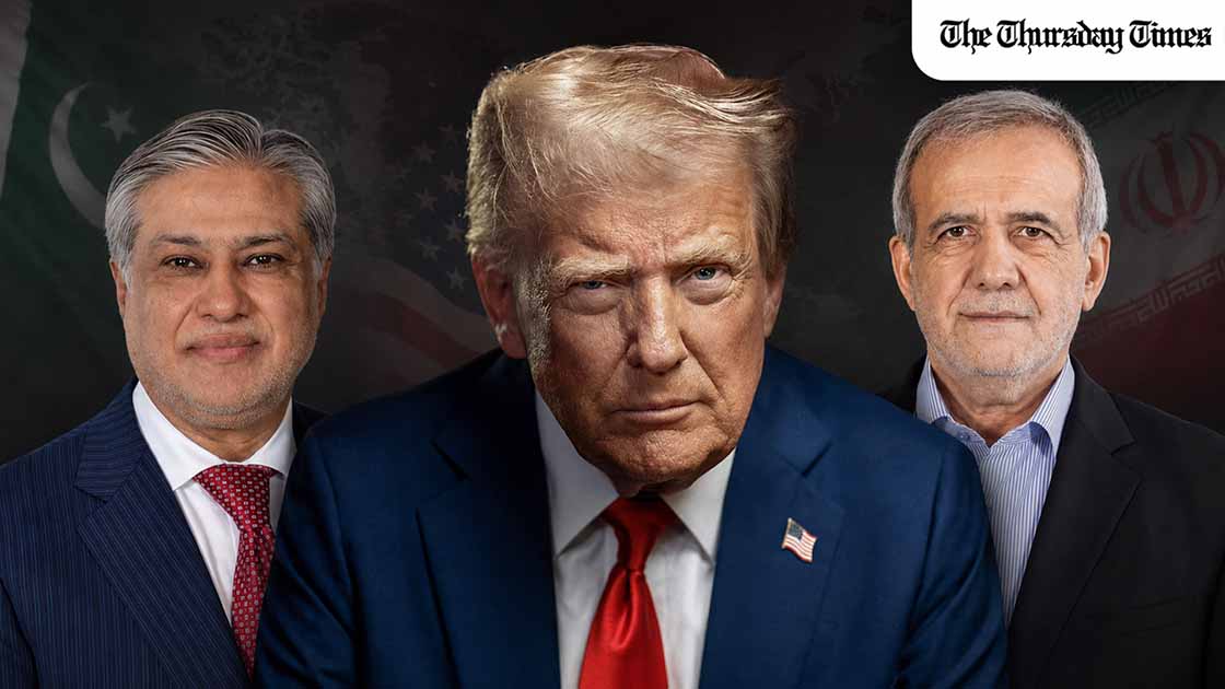 Montage showing Pakistan's Deputy Prime Minister Ishaq Dar, US President Donald Trump and Iranian President Masoud Pezeshkian as Trump posted US-Iran deal terms from the Situation Room. — MONTAGE/THE THURSDAY TIMES