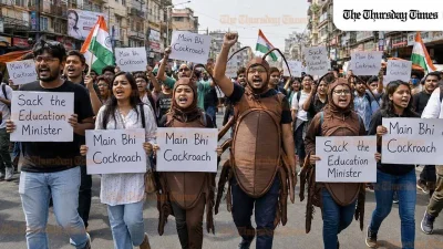 Illustration showing young Indians marching in cockroach costumes carrying protest signs reading Main Bhi Cockroach and Sack the Education Minister, representing the Cockroach Janta Party movement against the NEET-UG 2026 paper leak in India. — FILE/THE THURSDAY TIMES