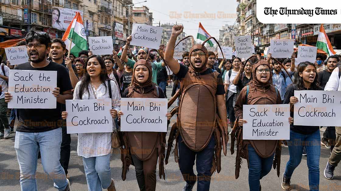 Illustration showing young Indians marching in cockroach costumes carrying protest signs reading Main Bhi Cockroach and Sack the Education Minister, representing the Cockroach Janta Party movement against the NEET-UG 2026 paper leak in India. — FILE/THE THURSDAY TIMES