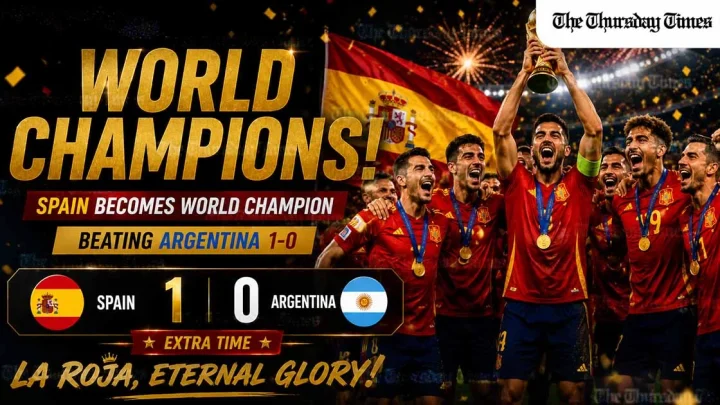 Spain have won the 2026 FIFA World Cup after a dramatic 1-0 extra-time victory over Argentina, ending a tightly contested final with a decisive breakthrough. — FILE/THE THURSDAY TIMES