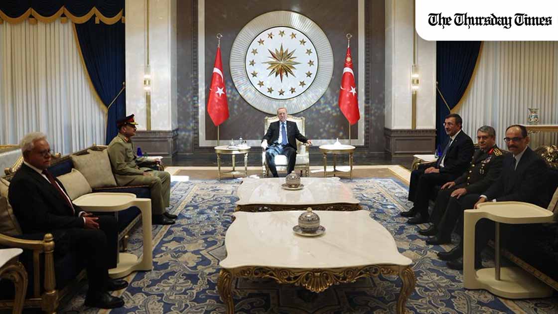 Turkish President Recep Tayyip Erdoğan received Field Marshal Asim Munir at Ankara Airport for a closed-door meeting on regional security during the army chief's two-day official visit to Türkiye. Munir was awarded the Turkish Armed Forces Distinguished Service Medal. — FILE/Presidency of the Republic of Türkiye