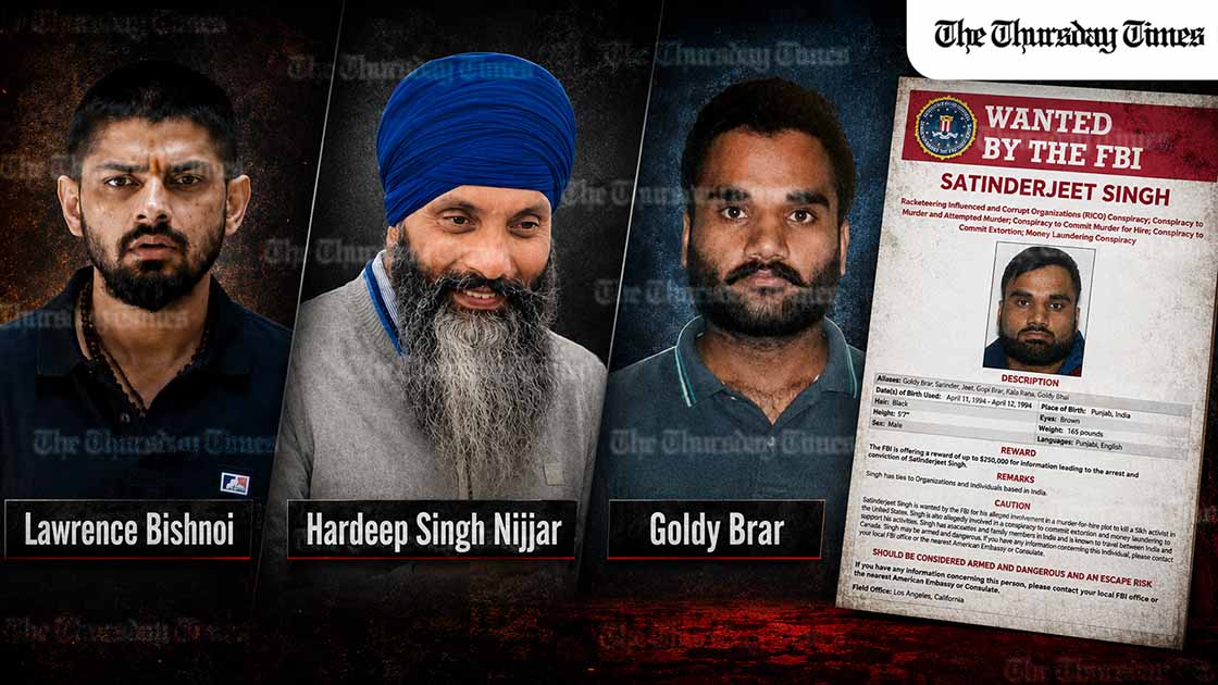 The US has charged Lawrence Bishnoi, and Goldy Brar with directing the 2023 murder of Sikh leader Hardeep Singh Nijjar in Canada. — COLLAGE/THE THURSDAY TIMES