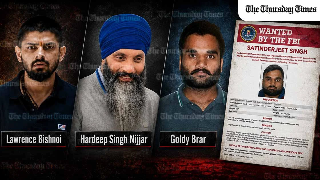The US has charged Lawrence Bishnoi, and Goldy Brar with directing the 2023 murder of Sikh leader Hardeep Singh Nijjar in Canada. — COLLAGE/THE THURSDAY TIMES