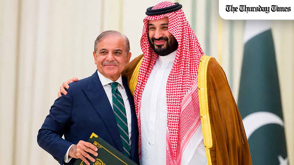 Saudi Crown Prince Mohammed bin Salman and Pakistan’s Prime Minister Shehbaz Sharif share an embrace after signing a landmark defence agreement. — FILE