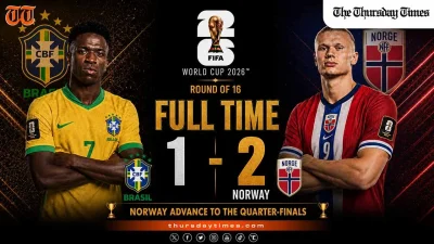 Norway eliminate five-time world champions Brazil 2-1 at the 2026 FIFA World Cup round of 16 with goals in the 79th and 90th minutes. — FILE/THE THURSDAY TIMES