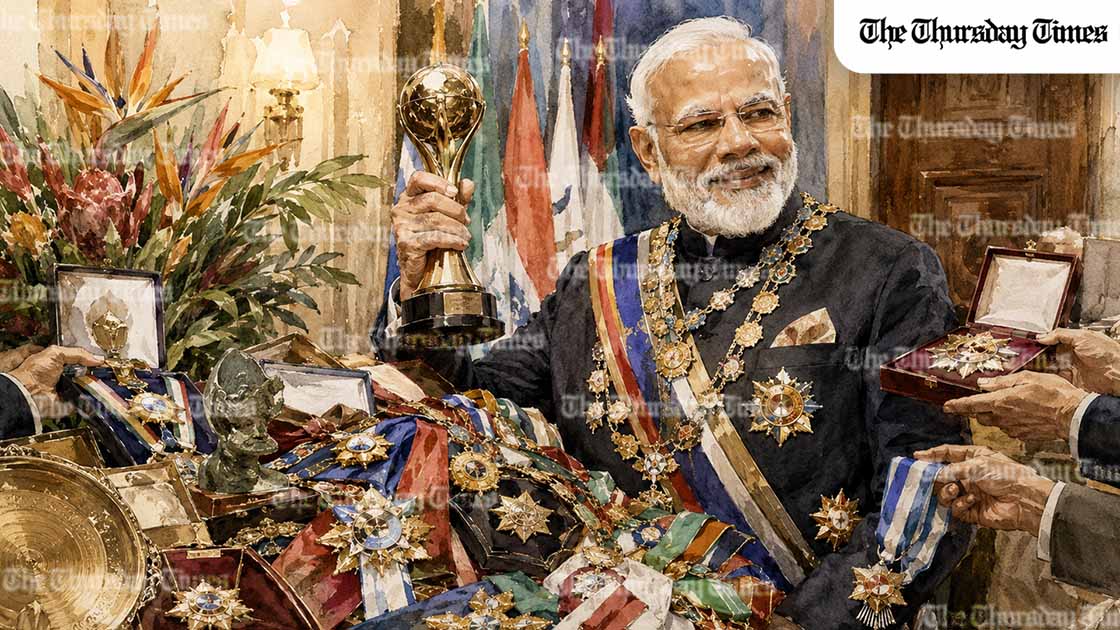 Narendra Modi’s latest overseas honour in Seychelles has revived scrutiny of how his foreign visits are increasingly framed around awards, optics, and the politics of personal prestige. — MICHAEL MCCALL FOR THE THURSDAY TIMES
