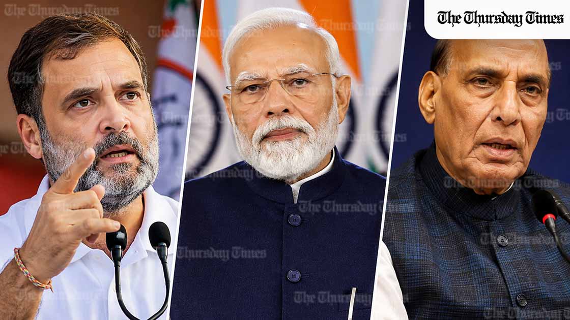 India's opposition has accused the Modi government of concealing military deaths from the 2025 war with Pakistan, demanding Rajnath Singh's resignation. — COLLAGE/THE THURSDAY TIMES
