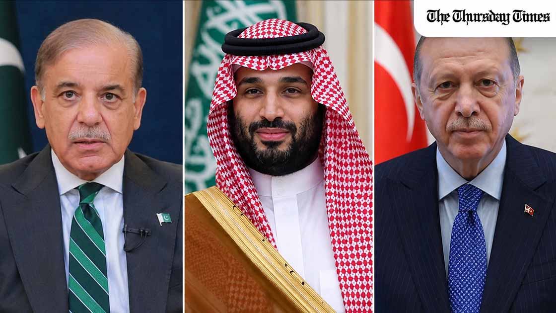 Turkey, Saudi Arabia and Pakistan expected to sign a joint defence agreement on Friday, Reuters reports. Erdogan travels to Riyadh to meet MBS and Shehbaz Sharif. — MONTAGE/THE THURSDAY TIMES