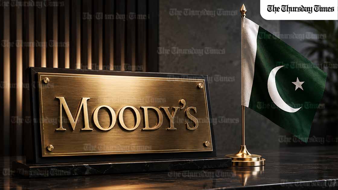 Illustration showing a Moody’s plaque beside the Pakistani flag, symbolising Pakistan’s sovereign credit rating and economic outlook. — FILE/THE THURSDAY TIMES