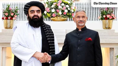 Afghanistan’s acting foreign minister Amir Khan Muttaqi with Indian External Affairs Minister S. Jaishankar during a meeting in New Delhi in October 2025. — FILE
