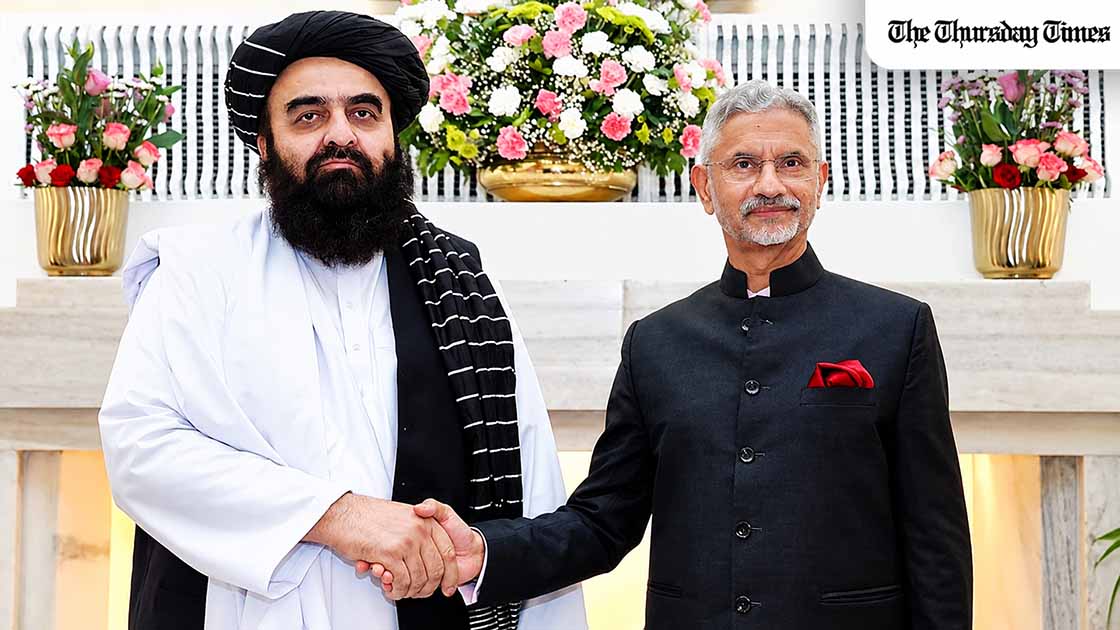 Afghanistan’s acting foreign minister Amir Khan Muttaqi with Indian External Affairs Minister S. Jaishankar during a meeting in New Delhi in October 2025. — FILE