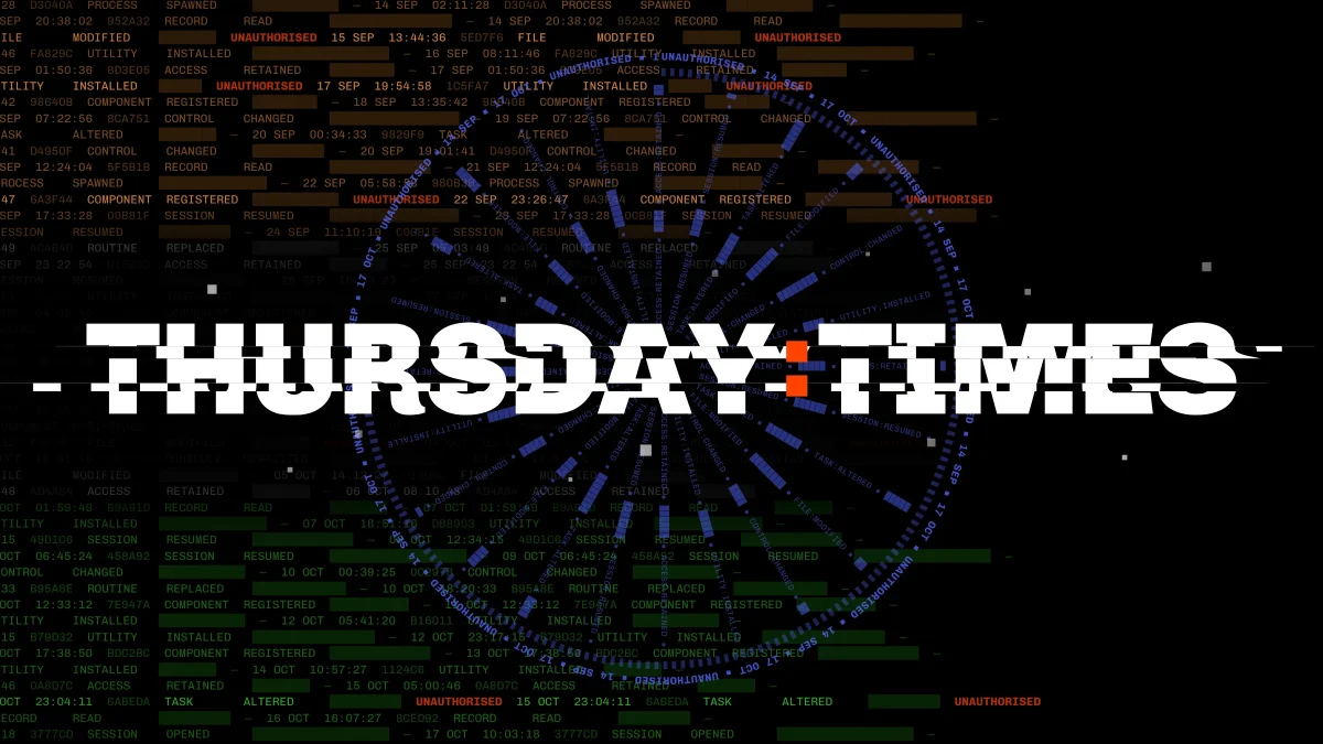 The Thursday Times logo, glitched, over a stylised system log of unauthorised file and session activity running from 14 September to 17 October.