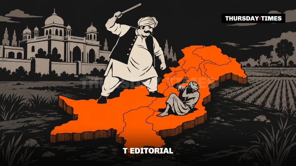 Illustration of a feudal landlord standing over a map of Pakistan rendered in orange, a small cowering figure beside him, a grand haveli in the background