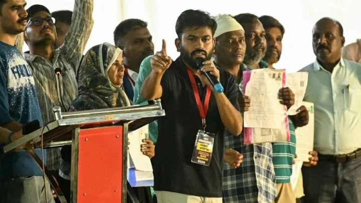 Cockroach Janta Party founder Abhijeet Dipke addresses a protest. Photograph: AFP