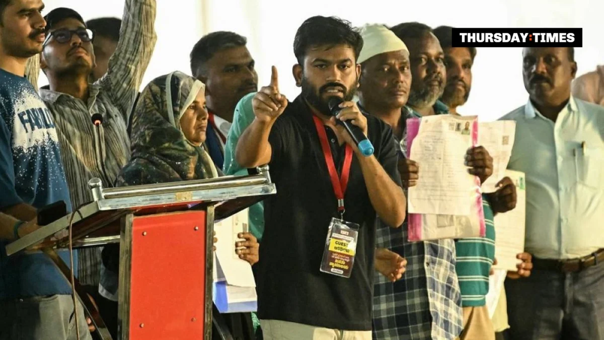 Cockroach Janta Party founder Abhijeet Dipke addresses a protest. Photograph: AFP