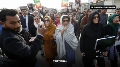 Imran Khan sisters walk with supporters near Adiala jail