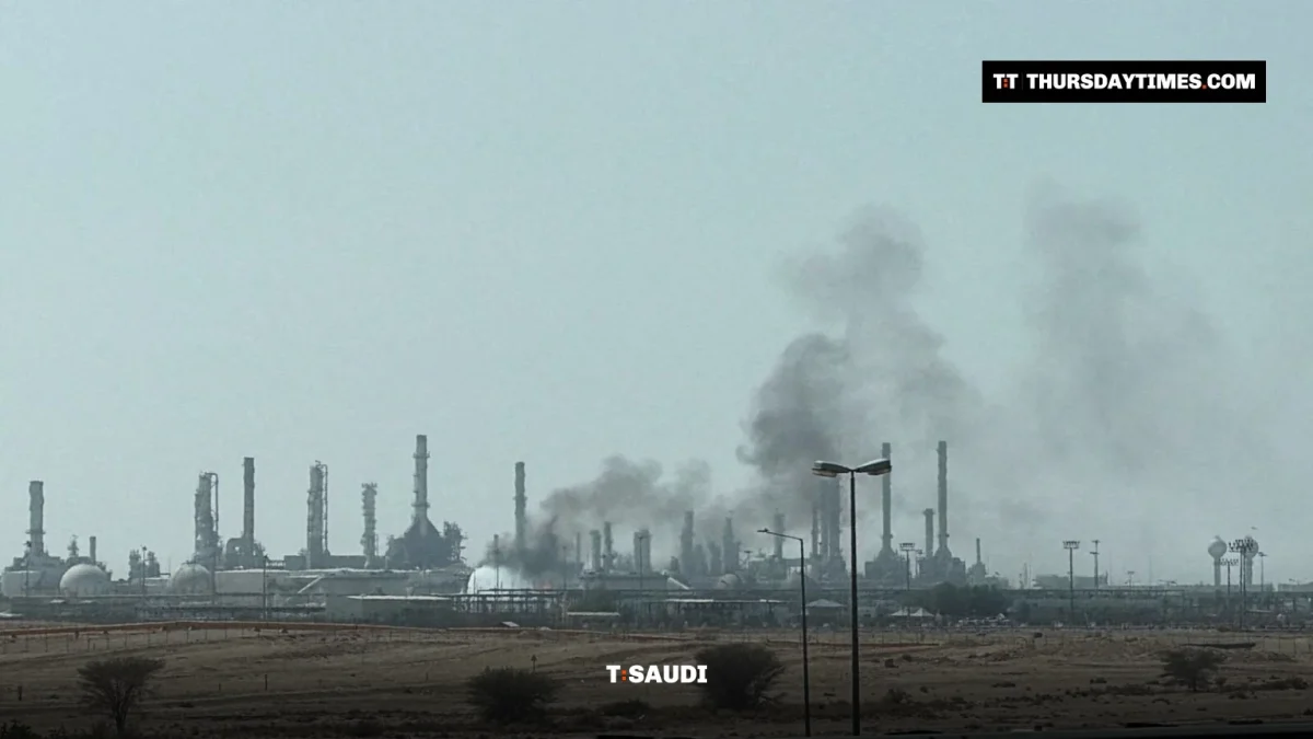 Grey smoke rises over the towers of an oil refinery in a desert landscape